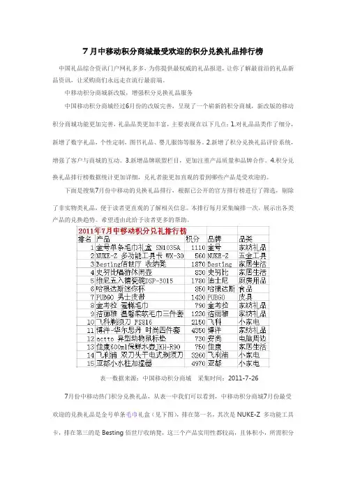 7月中移动积分商城最受欢迎的积分兑换礼品排行榜