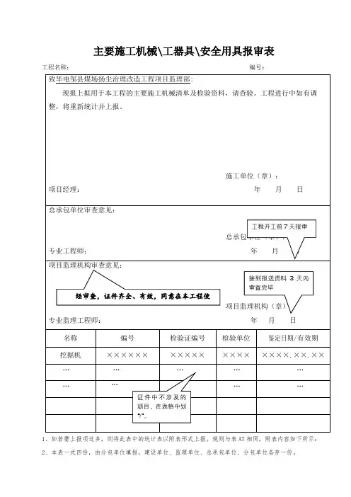 主要施工机械工器具安全用具报审表