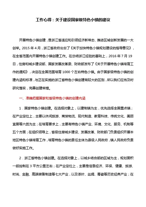 工作心得：关于建设国家级特色小镇的建议