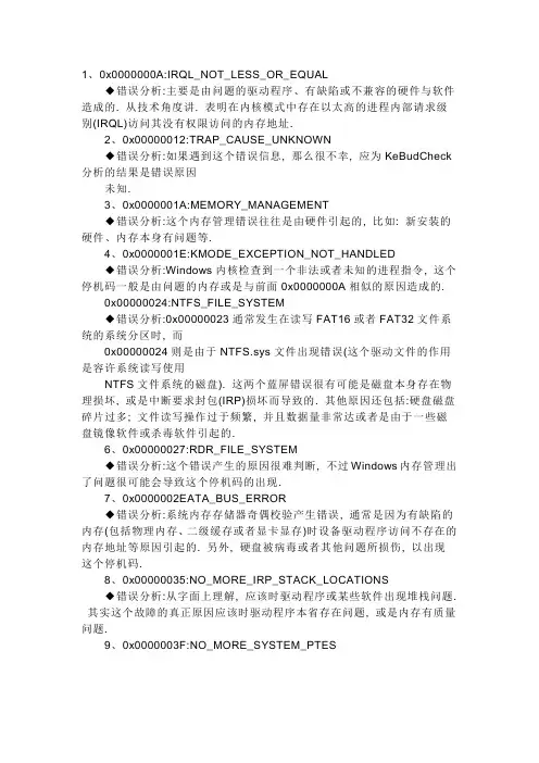 XP系统蓝屏代码