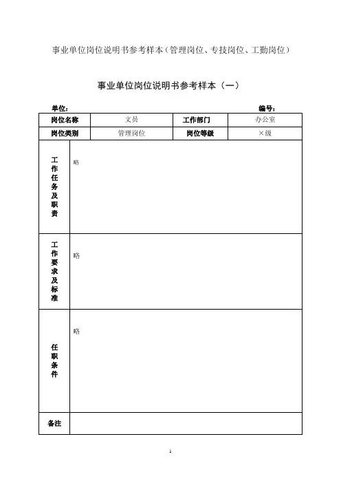 上海市事业单位岗位说明参考样本(管理岗位、专技岗位、工勤岗位)