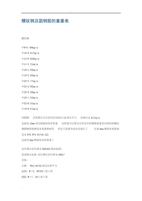 钢筋比重及各种钢材比重计算表