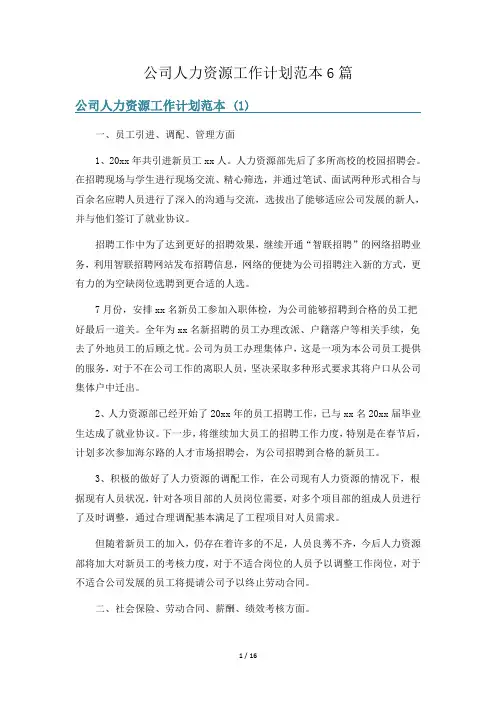 公司人力资源工作计划范本6篇