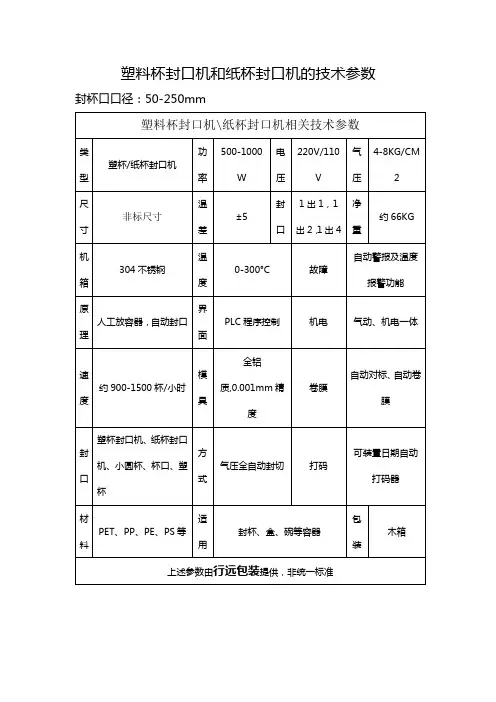 塑料杯封口机和纸杯封口机的技术参数