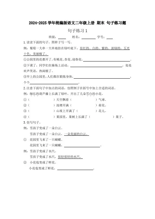 2024-2025学年统编版语文二年级上册 期末 句子练习题