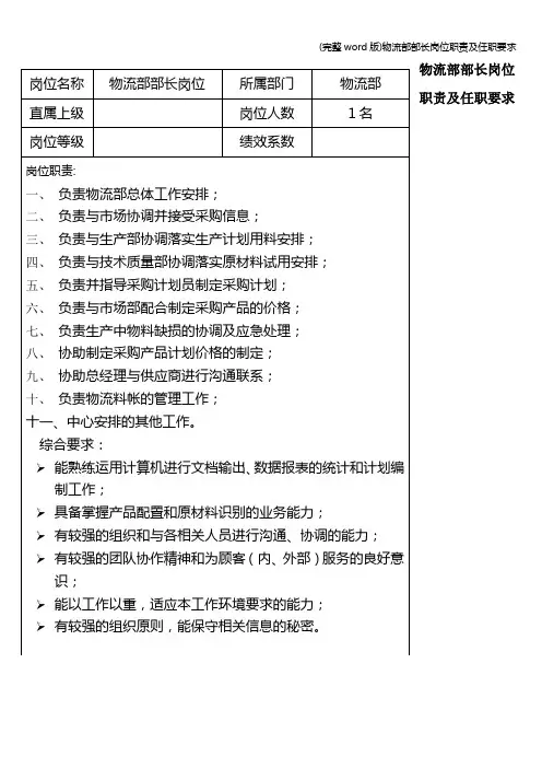 (完整word版)物流部部长岗位职责及任职要求