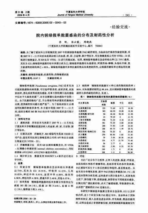 院内铜绿假单胞茵感染的分布及耐药性分析