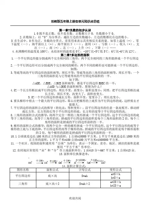 苏教版五年级数学上册各单元知识点总结