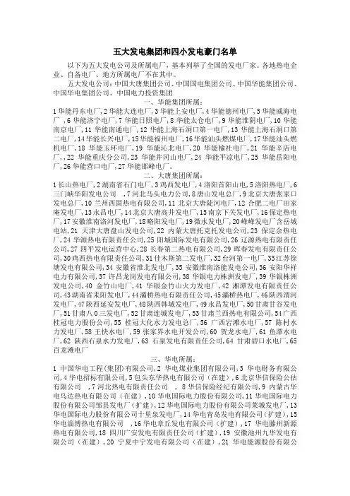 五大发电集团和四小发电豪门名单
