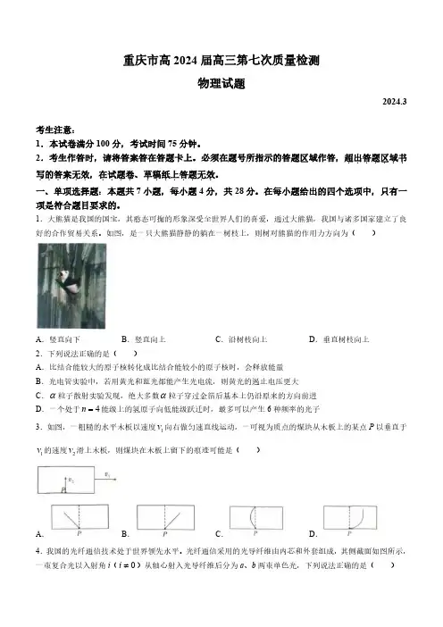 高三试卷物理-重庆南开中学2024届高三下学期3月第七次质量检测物理试卷及参考答案