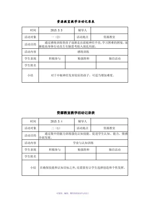 2014-2015第二学期资源教室教学活动记录表