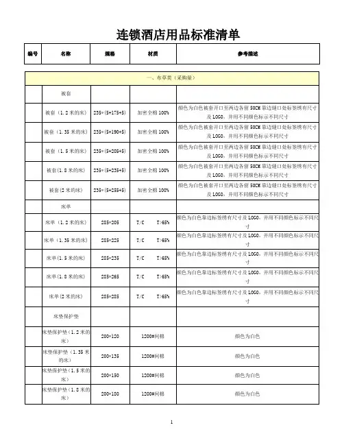 连锁酒店用品标准清单