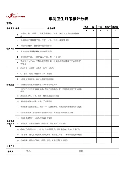 车间卫生考核评分表