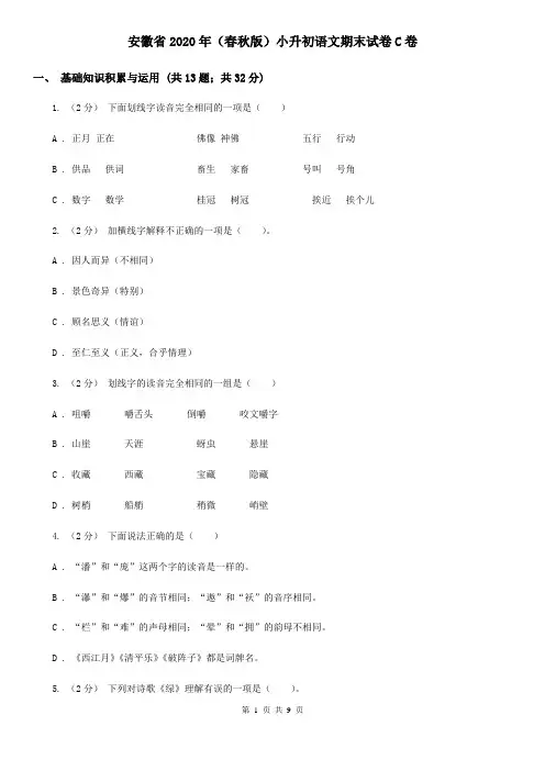 安徽省2020年(春秋版)小升初语文期末试卷C卷新版