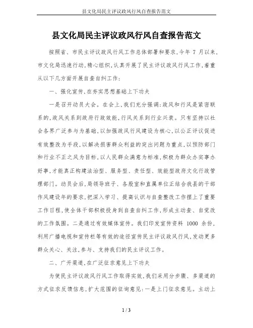 县文化局民主评议政风行风自查报告范文