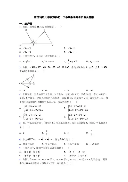 新苏科版七年级苏科初一下学期数学月考试卷及答案