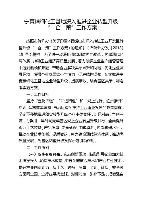 宁夏精细化工基地深入推进企业转型升级一企一策工作方案【模板】