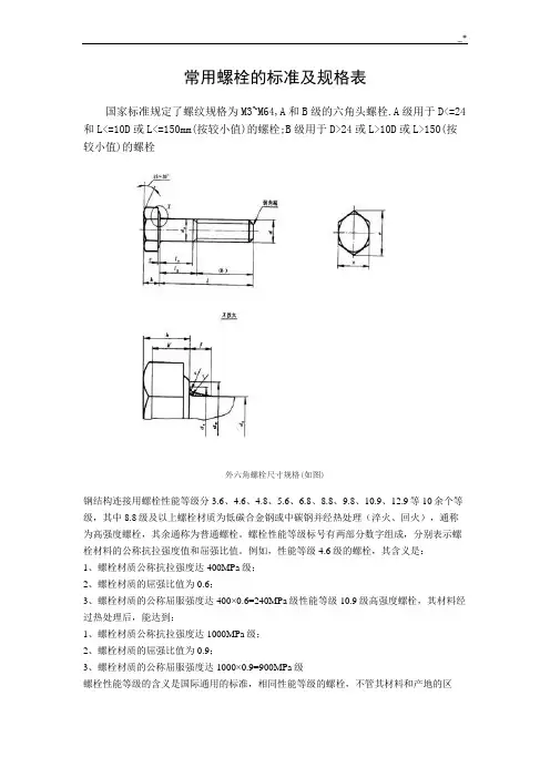 通用螺栓的规范标准及规格表