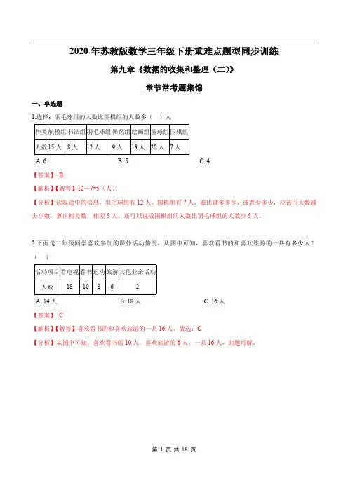2021年苏教版数学三年级下册学业考期末专题第九章《数据的收集和整理(二)》章节常考题集锦(解析版)