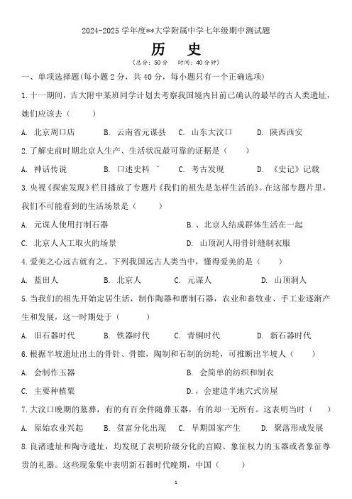 2024——2025学年度七年级历史上册期中考试卷