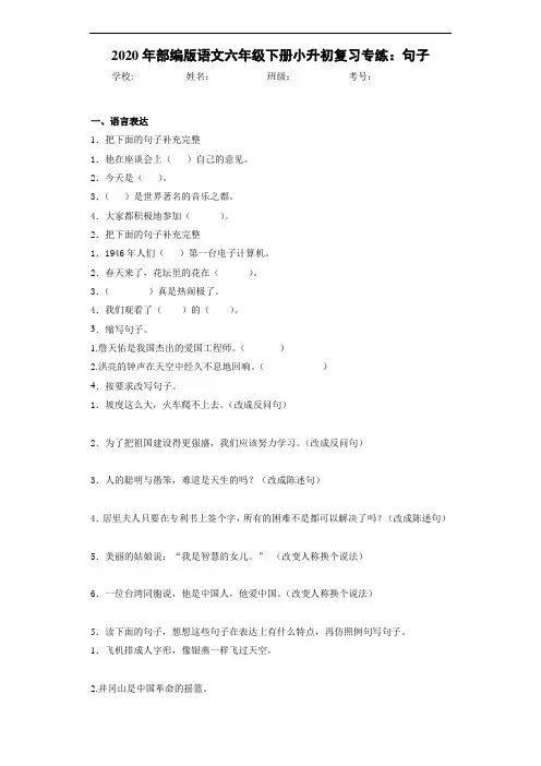 2020年部编版语文六年级下册小升初复习专练：句子