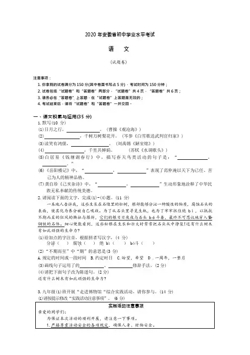 2020 年安徽省初中学业水平考试语文试卷(含答案)