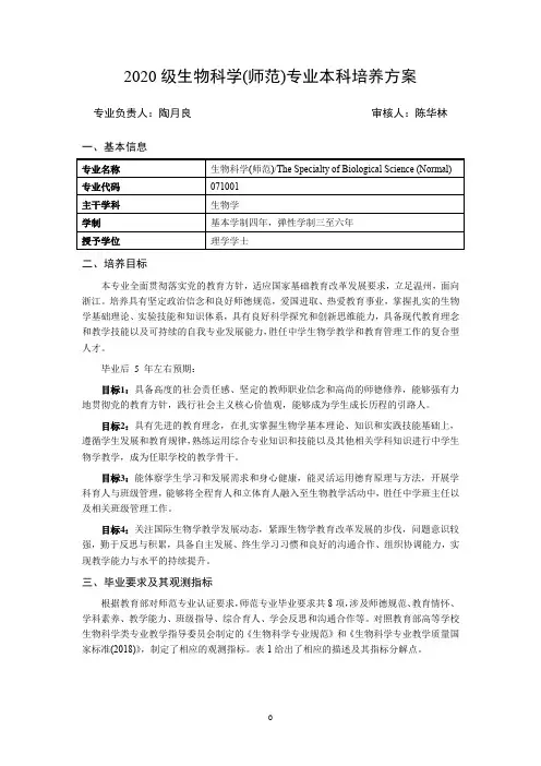 温州大学2020级生物科学(师范)专业培养方案