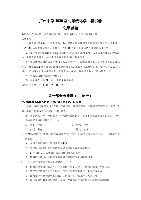 广东省广州市广州中学2020届九年级化学一模试卷