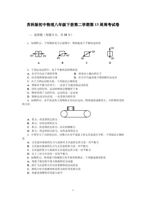 苏科版初中物理八年级下册第二学期第13周周考试卷