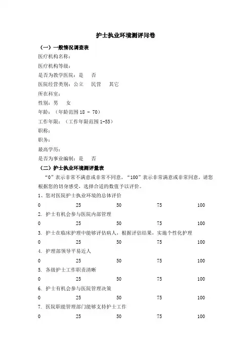 护士护士执业环境测评量表