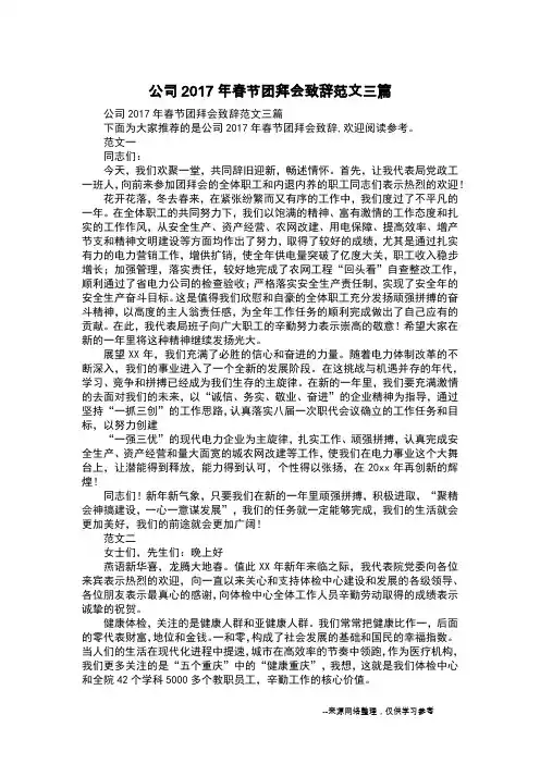 公司2017年春节团拜会致辞范文三篇