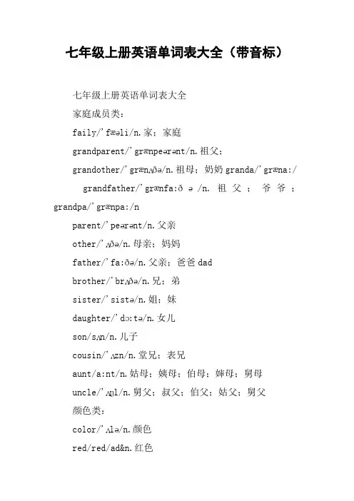 七年级上册英语单词表大全(带音标)