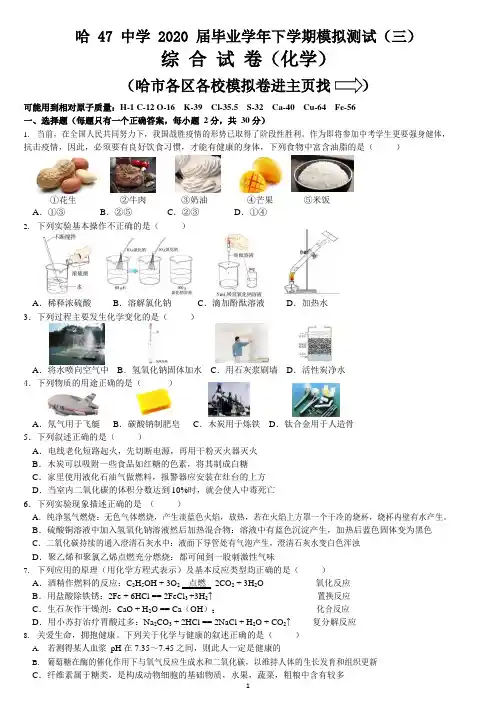 2020年哈尔滨市47中学九年级毕业学年下学期中考化学模拟测试(三)(附答案)