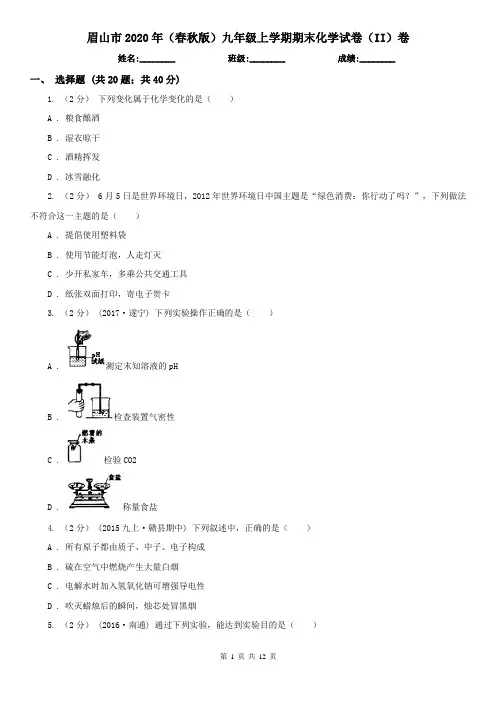 眉山市2020年(春秋版)九年级上学期期末化学试卷(II)卷