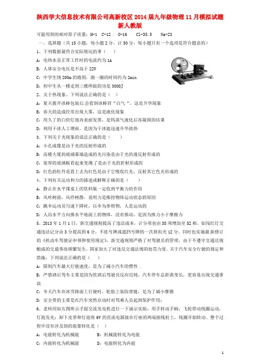 陕西学大信息技术有限公司高新校区九年级物理11月模拟