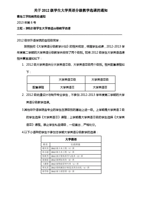 6号—关于2012级非英语专业学生大学英语分级教学的选课通知