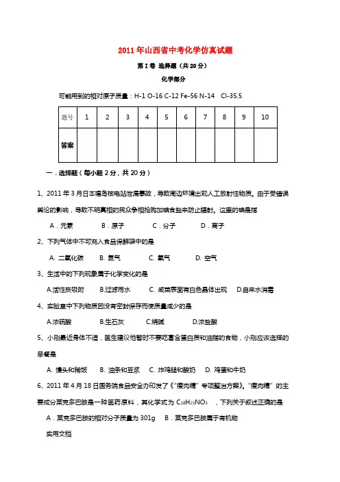 山西省2011年中考化学仿真试题 人教新课标版
