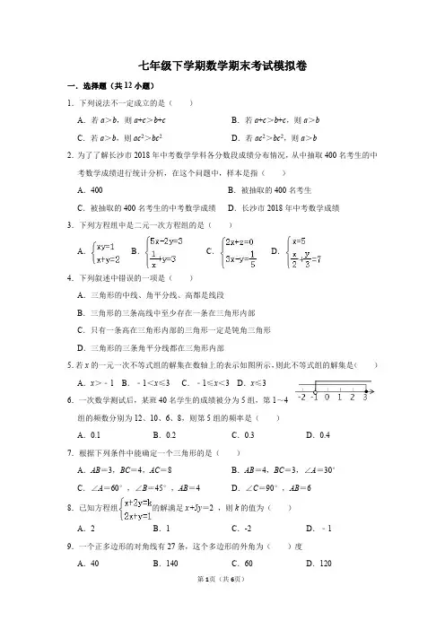 湖南省长沙市2018-2019学年七年级下学期期末数学模拟卷