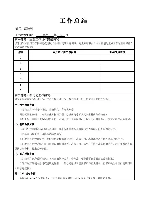品质部月度工作总结