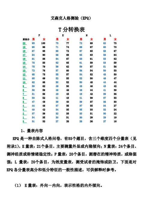 EPQ量表88题版这算T分数