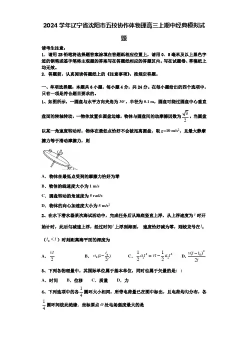 2024学年辽宁省沈阳市五校协作体物理高三上期中经典模拟试题含解析