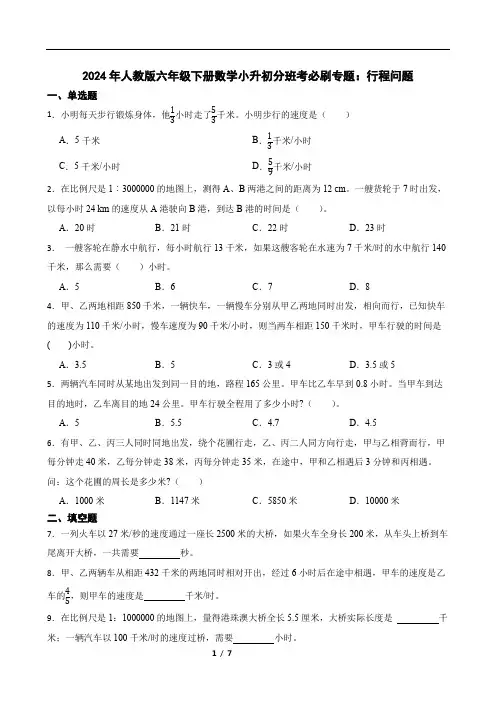 2024年人教版六年级下册数学小升初分班考必刷专题：行程问题