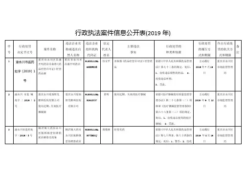 行政执法案件信息公开表(2019年)
