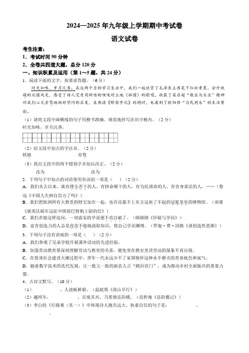 2024-2025学年九年级上学期期中语文试题