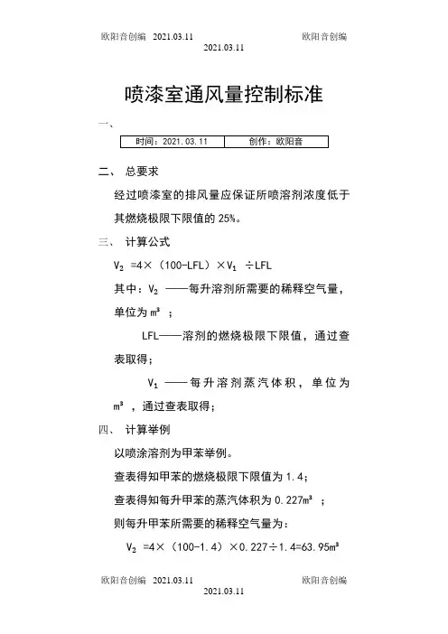 喷漆室通风量控制标准之欧阳音创编