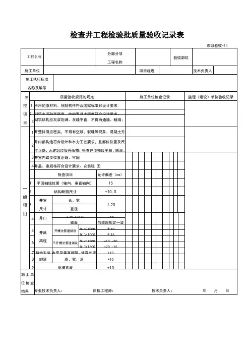 检查井工程检验批质量验收记录表