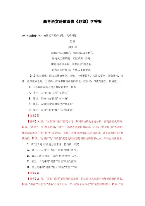 高考语文诗歌鉴赏《野望》含答案