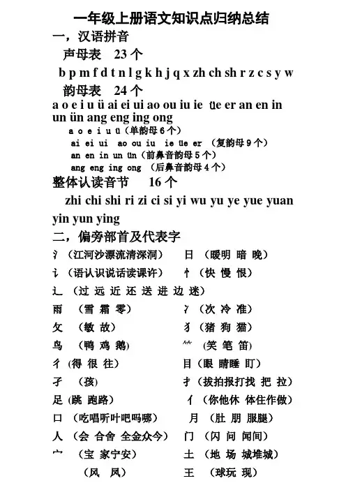 一年级上册语文知识点归纳总结