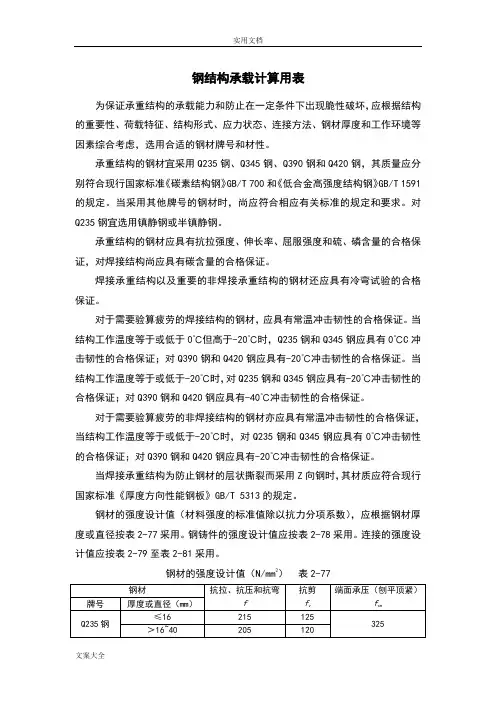 钢结构承载计算用表