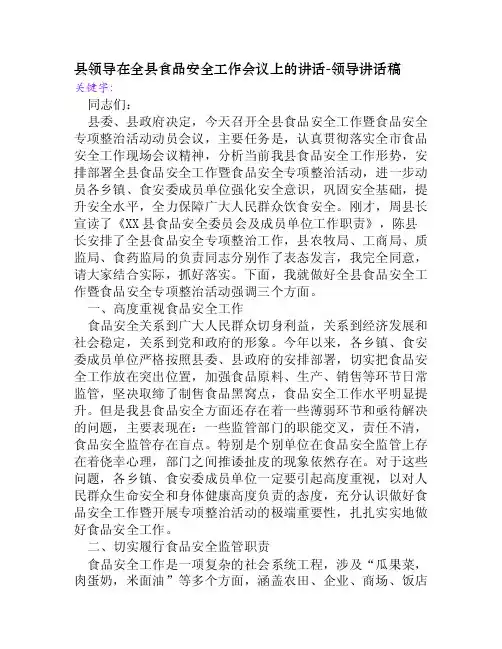 县领导在全县食品安全工作会议上的讲话[领导讲话稿]